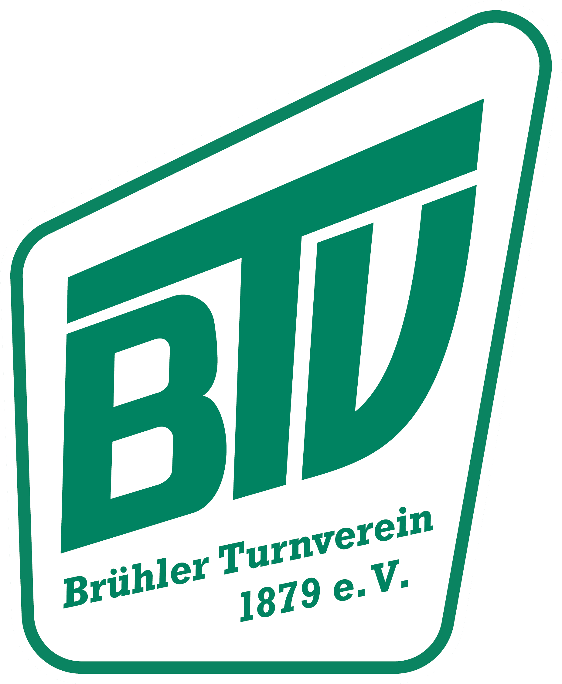 Logo des Brühler Turnvereins 1879 e.V. in grün-weißer Gestaltung mit den Buchstaben BTV prominent hervorgehoben.